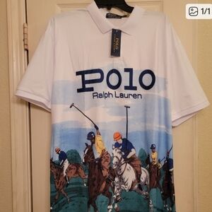 Polo by Ralph Lauren Men's White and Blue Polo Graphic Shirt